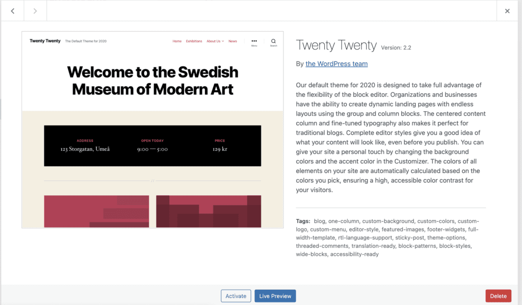Wordpress Twenty Twenty Delete Theme Example