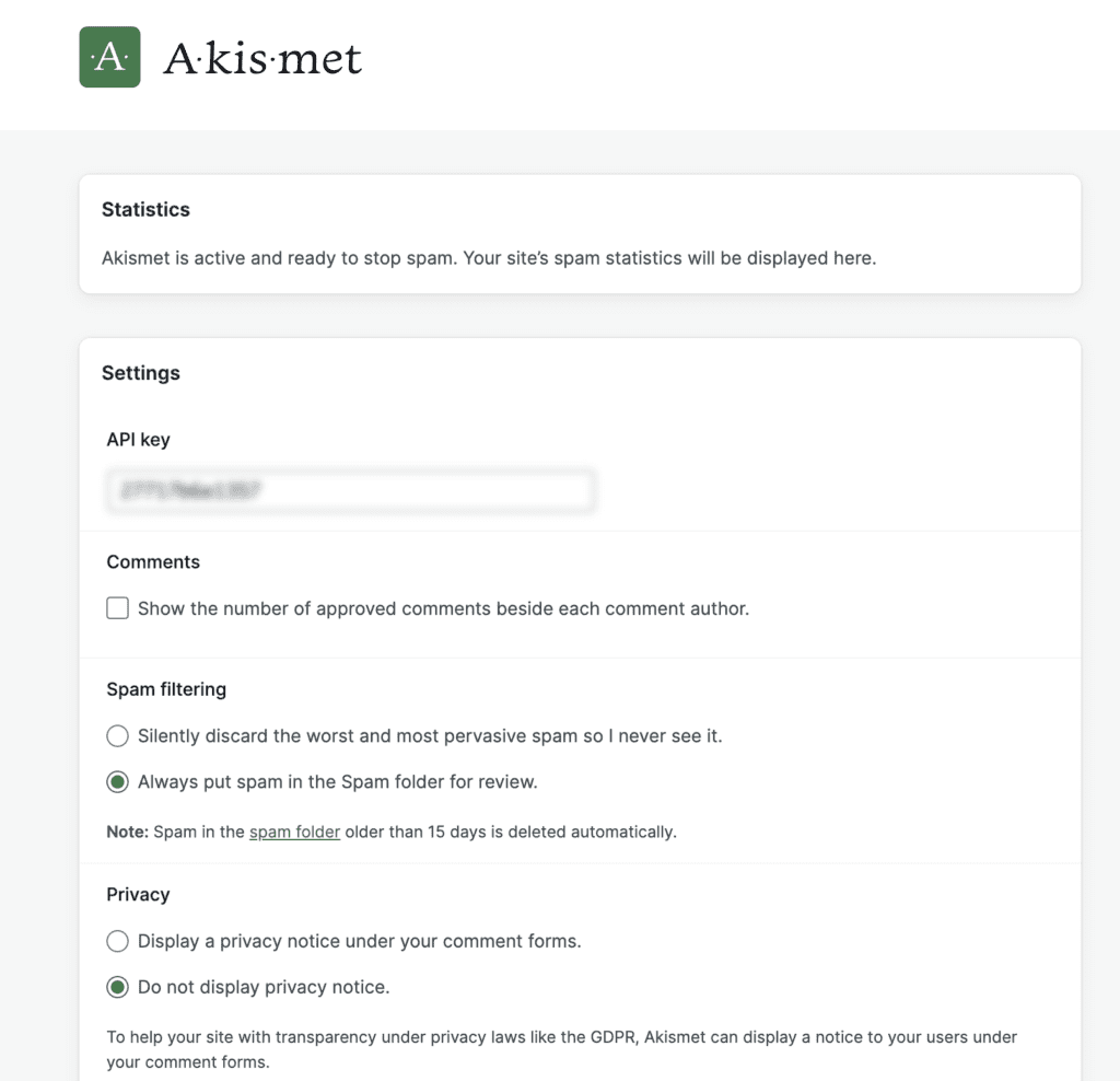Akismet API setting and comments